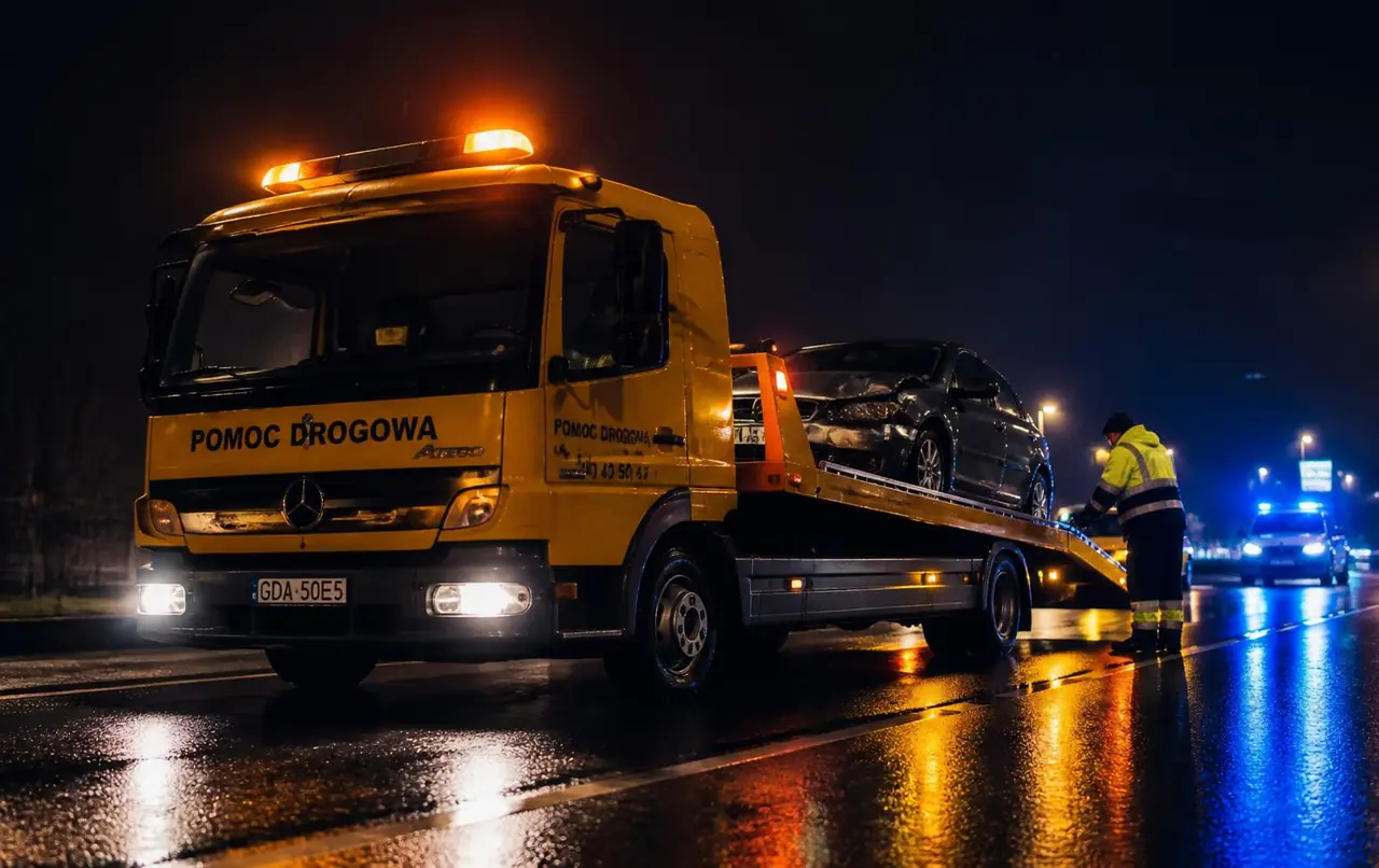 Laweta pomocy drogowej z pomarańczowymi światłami na mokrej ulicy nocą